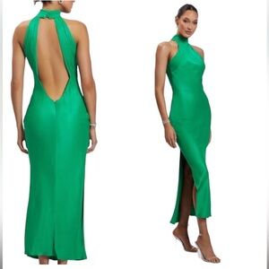 Meshki Claire Satin Drape Back Maxi Dress in Green Size S